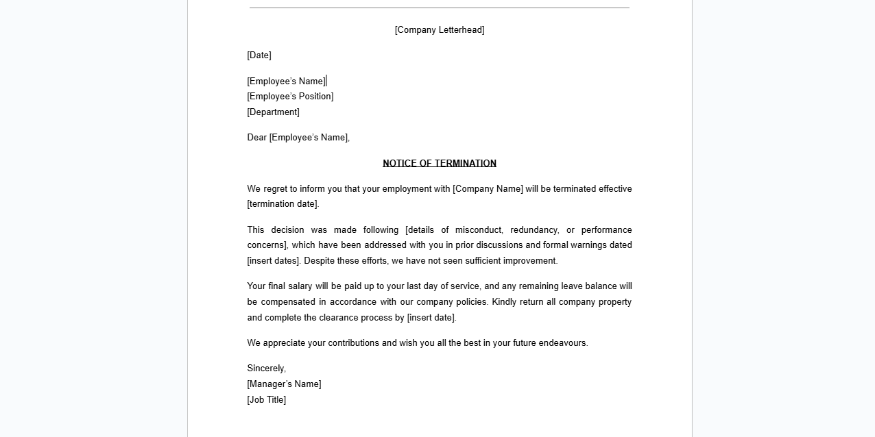 Termination Letter Template